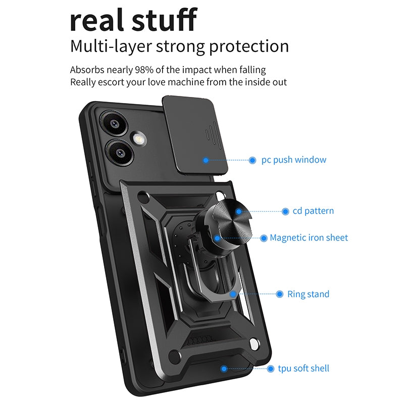 Samsung Galaxy A06 4G Sliding Camera Cover Magnetic Ring Stand Shockproof TPU + PC Protective Phone Case