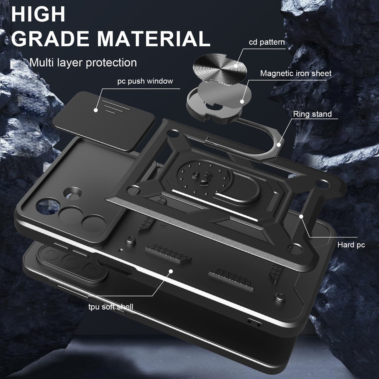 Samsung Galaxy A26 5G Sliding Camera Cover Magnetic Ring Stand Shockproof TPU + PC Protective Phone Case