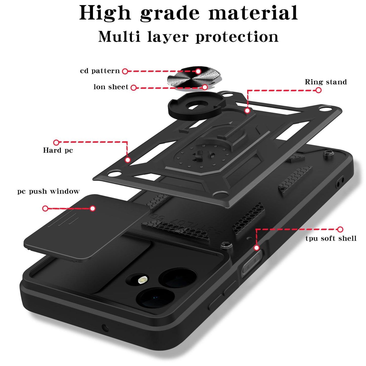 Samsung Galaxy A07 4G Sliding Camera Cover Magnetic Ring Stand Shockproof TPU + PC Protective Phone Case