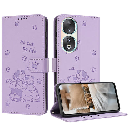 Honor 90 Embossed Kitten PU Leather Wallet Case with Card Slots, Cash Pocket, Kickstand Function, Wrist Lanyard Strap, Full Protective TPU Flip Cover