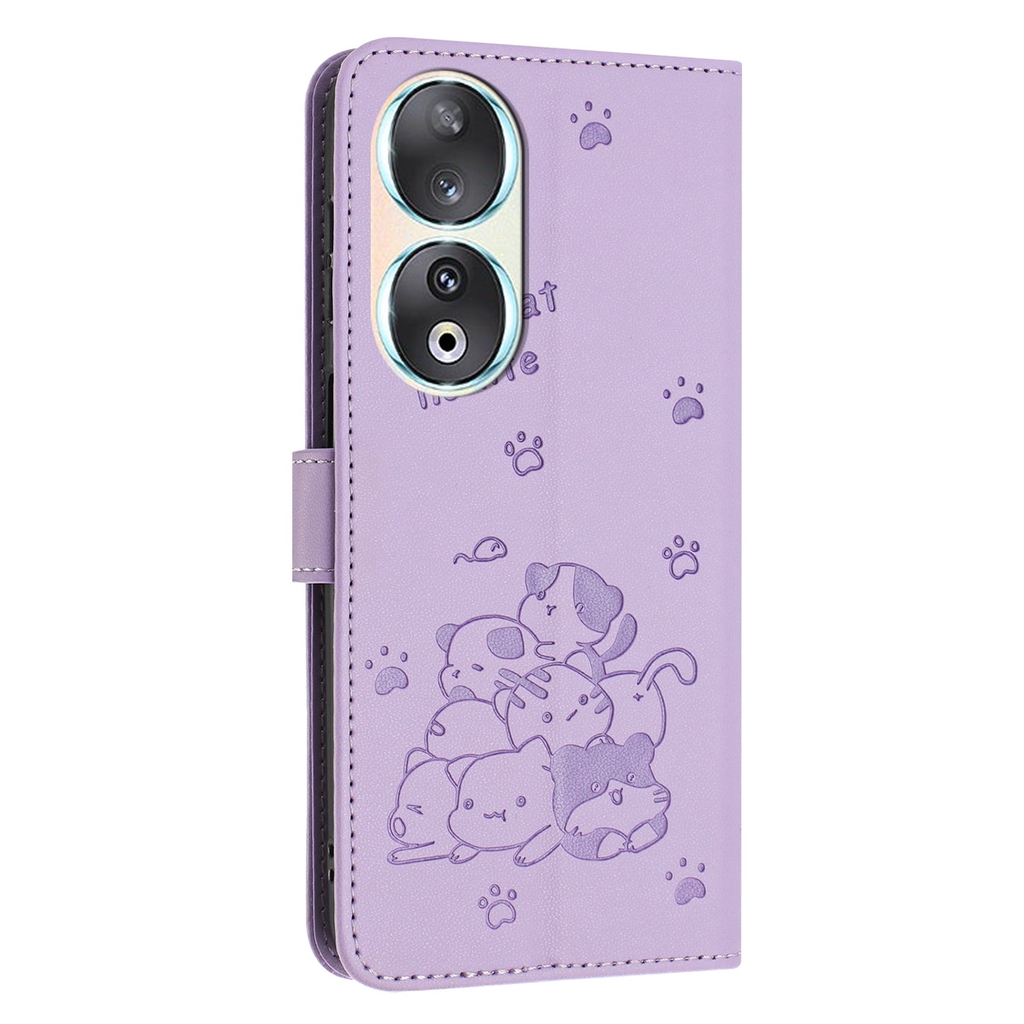 Honor 90 Embossed Kitten PU Leather Wallet Case with Card Slots, Cash Pocket, Kickstand Function, Wrist Lanyard Strap, Full Protective TPU Flip Cover