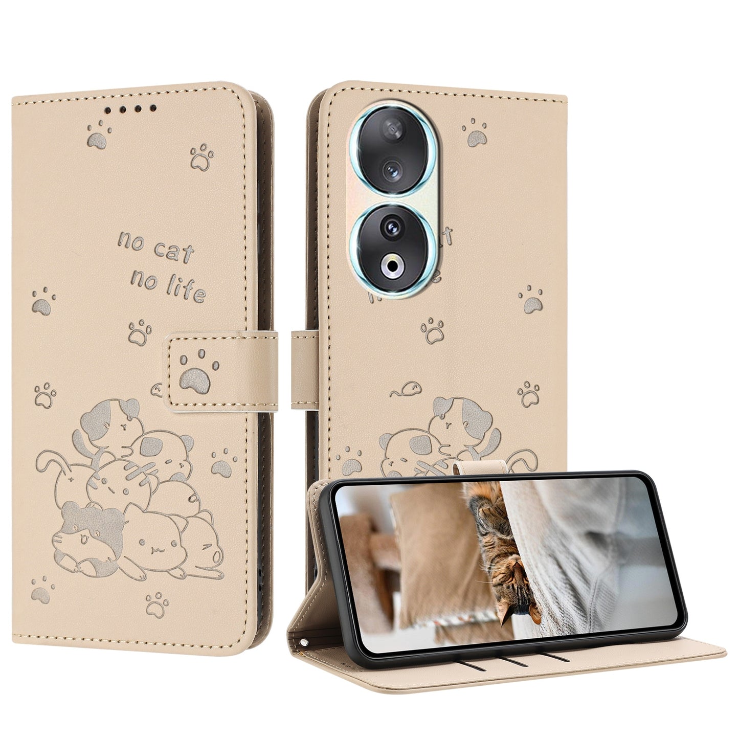 Honor 90 Embossed Kitten PU Leather Wallet Case with Card Slots, Cash Pocket, Kickstand Function, Wrist Lanyard Strap, Full Protective TPU Flip Cover