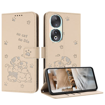 Honor 90 Embossed Kitten PU Leather Wallet Case with Card Slots, Cash Pocket, Kickstand Function, Wrist Lanyard Strap, Full Protective TPU Flip Cover