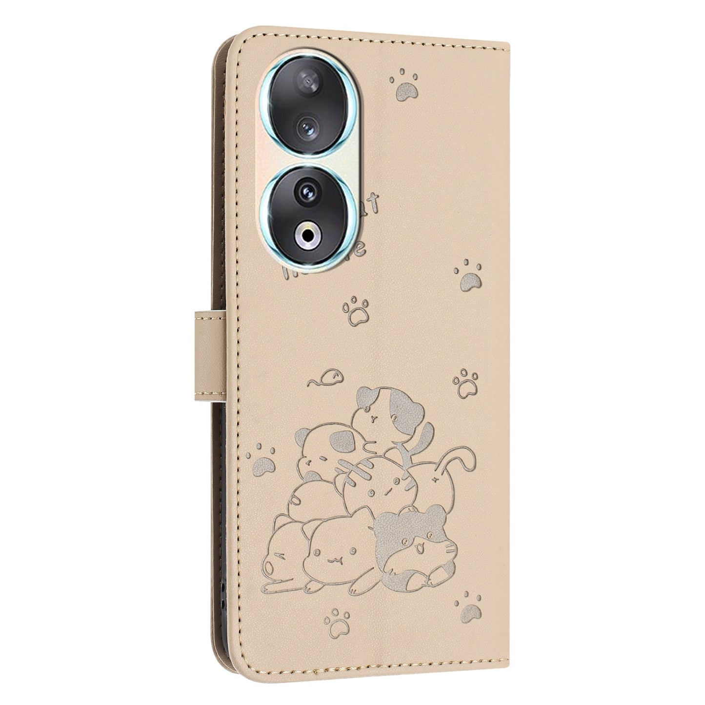 Honor 90 Embossed Kitten PU Leather Wallet Case with Card Slots, Cash Pocket, Kickstand Function, Wrist Lanyard Strap, Full Protective TPU Flip Cover