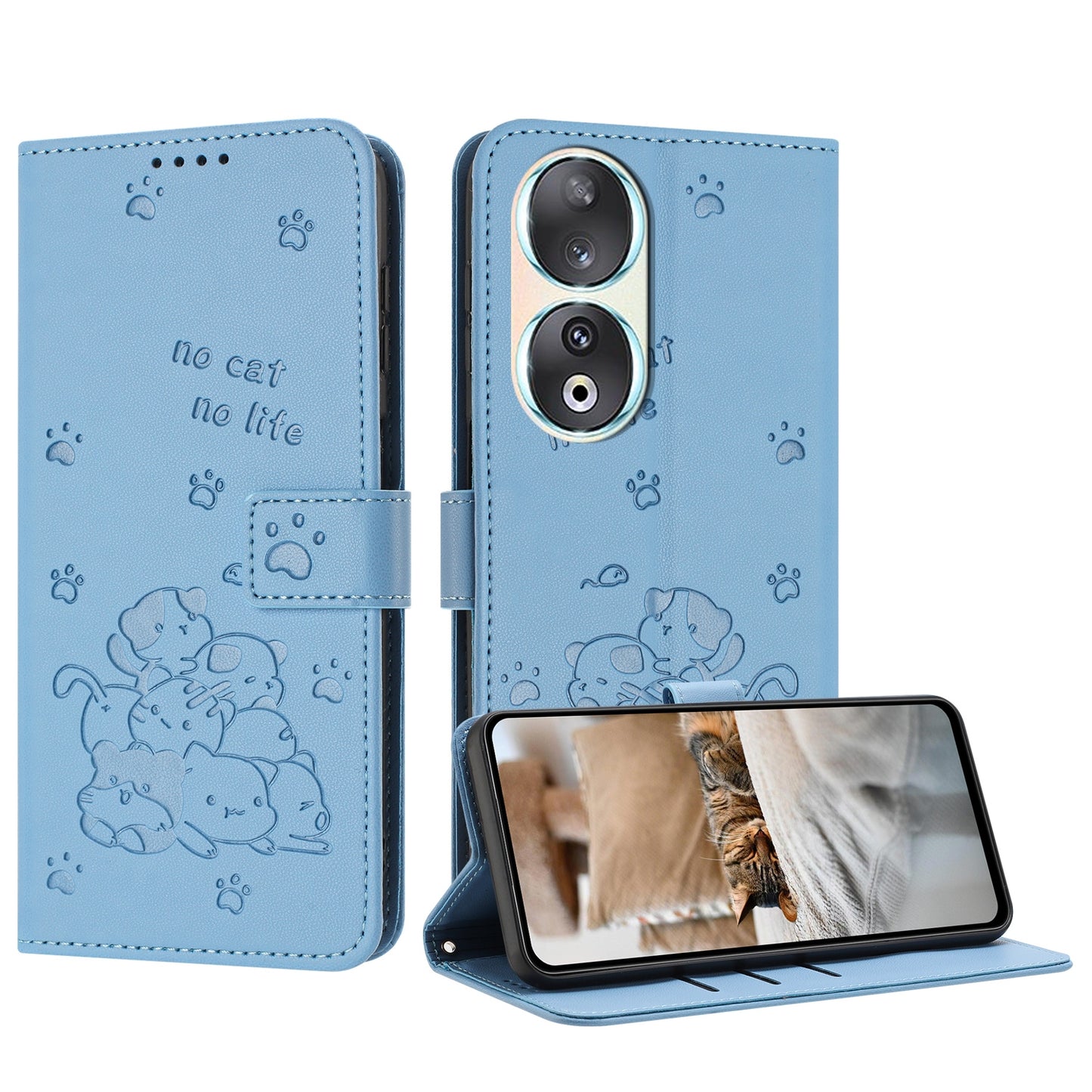Honor 90 Embossed Kitten PU Leather Wallet Case with Card Slots, Cash Pocket, Kickstand Function, Wrist Lanyard Strap, Full Protective TPU Flip Cover