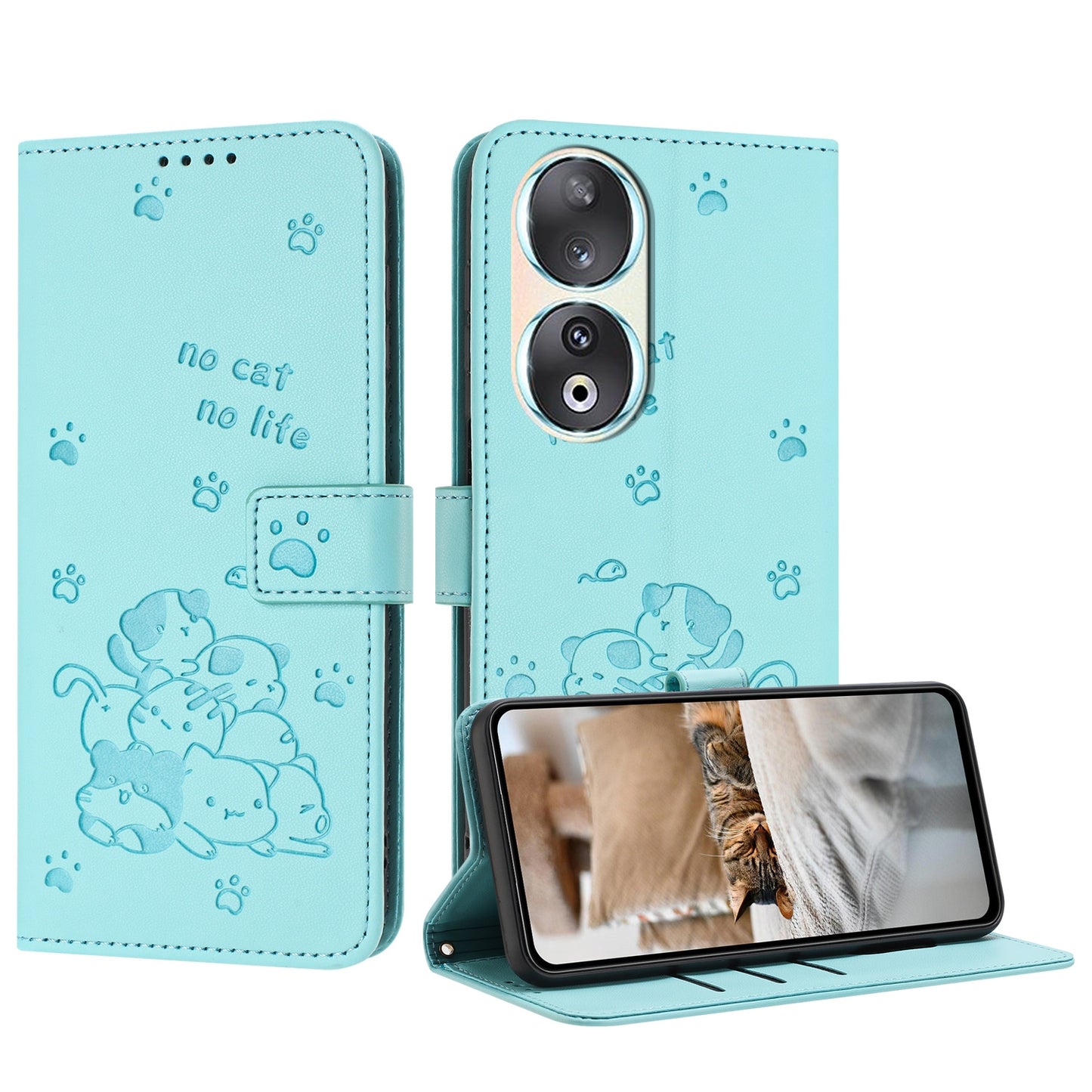 Honor 90 Embossed Kitten PU Leather Wallet Case with Card Slots, Cash Pocket, Kickstand Function, Wrist Lanyard Strap, Full Protective TPU Flip Cover