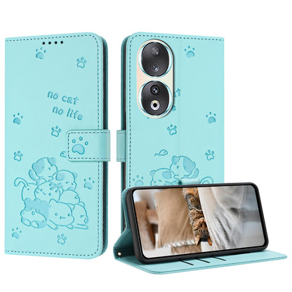 Honor 90 Embossed Kitten PU Leather Wallet Case with Card Slots, Cash Pocket, Kickstand Function, Wrist Lanyard Strap, Full Protective TPU Flip Cover