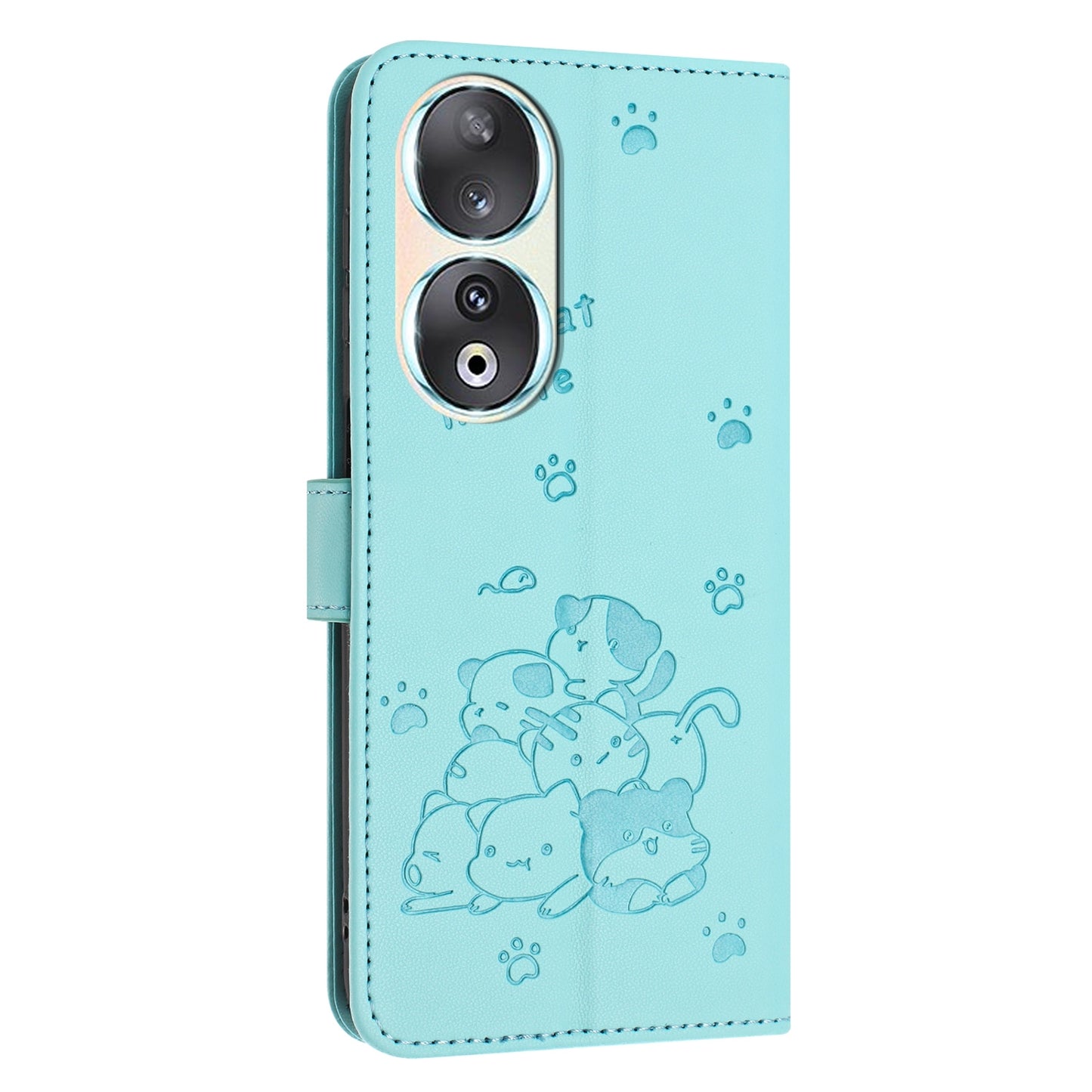 Honor 90 Embossed Kitten PU Leather Wallet Case with Card Slots, Cash Pocket, Kickstand Function, Wrist Lanyard Strap, Full Protective TPU Flip Cover