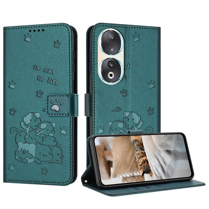 Honor 90 Embossed Kitten PU Leather Wallet Case with Card Slots, Cash Pocket, Kickstand Function, Wrist Lanyard Strap, Full Protective TPU Flip Cover