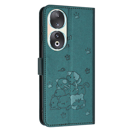 Honor 90 Embossed Kitten PU Leather Wallet Case with Card Slots, Cash Pocket, Kickstand Function, Wrist Lanyard Strap, Full Protective TPU Flip Cover