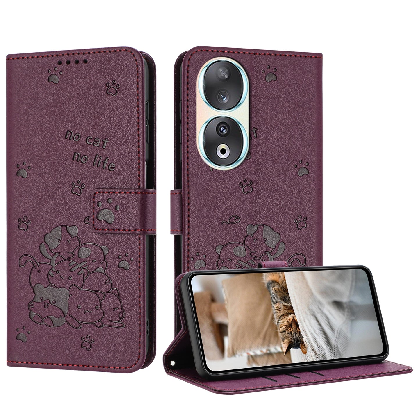 Honor 90 Embossed Kitten PU Leather Wallet Case with Card Slots, Cash Pocket, Kickstand Function, Wrist Lanyard Strap, Full Protective TPU Flip Cover