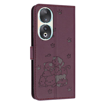 Honor 90 Embossed Kitten PU Leather Wallet Case with Card Slots, Cash Pocket, Kickstand Function, Wrist Lanyard Strap, Full Protective TPU Flip Cover