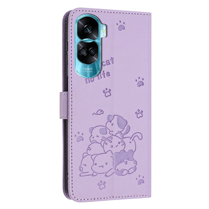 Honor X50i 5G Embossed Kitten PU Leather Wallet Case with Card Slots, Cash Pocket, Kickstand Function, Wrist Lanyard Strap, Full Protective TPU Flip Cover
