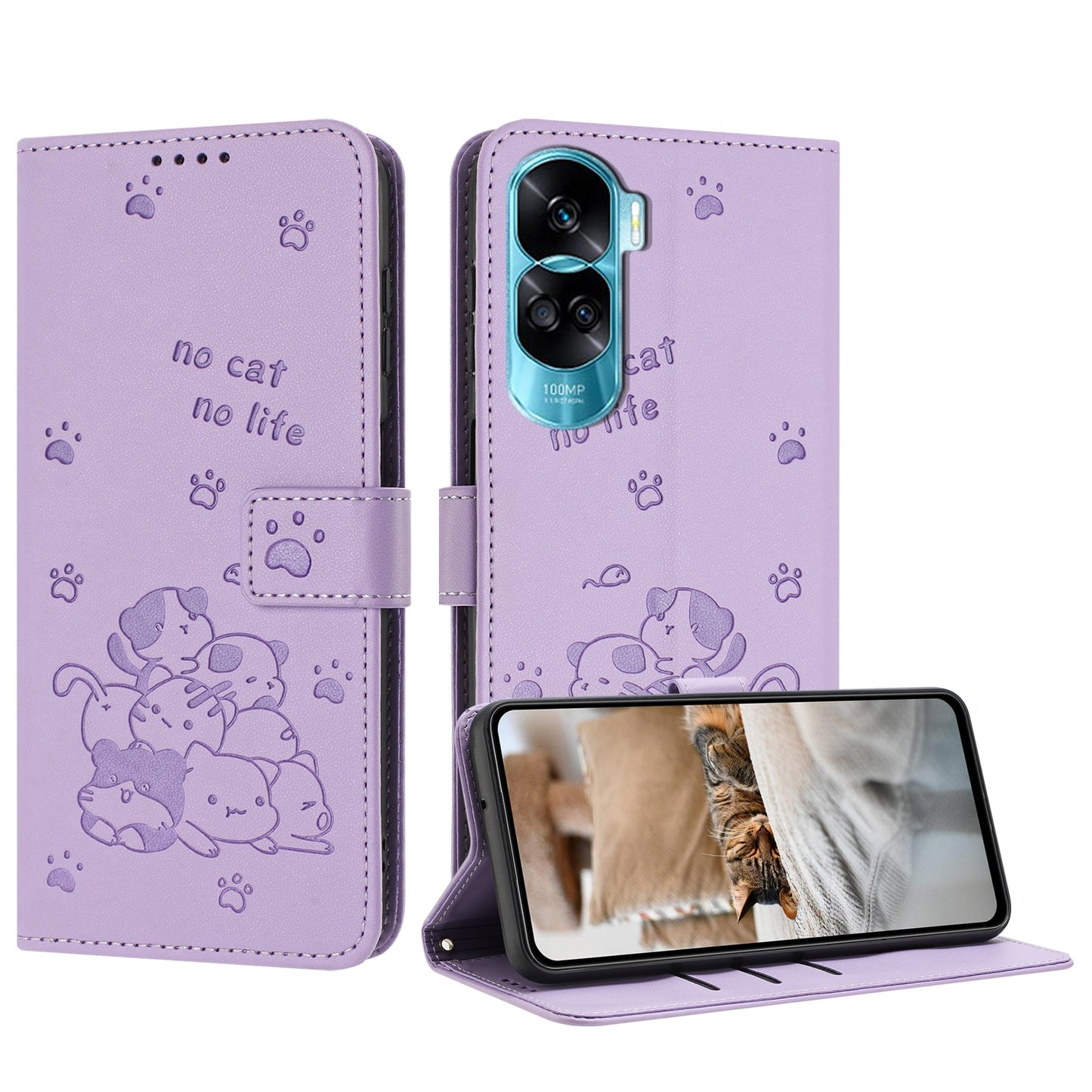 Honor X50i 5G Embossed Kitten PU Leather Wallet Case with Card Slots, Cash Pocket, Kickstand Function, Wrist Lanyard Strap, Full Protective TPU Flip Cover