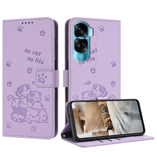 Honor X50i 5G Embossed Kitten PU Leather Wallet Case with Card Slots, Cash Pocket, Kickstand Function, Wrist Lanyard Strap, Full Protective TPU Flip Cover