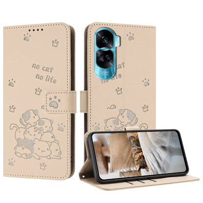 Honor 90 Lite Embossed Kitten PU Leather Wallet Case with Card Slots, Cash Pocket, Kickstand Function, Wrist Lanyard Strap, Full Protective TPU Flip Cover