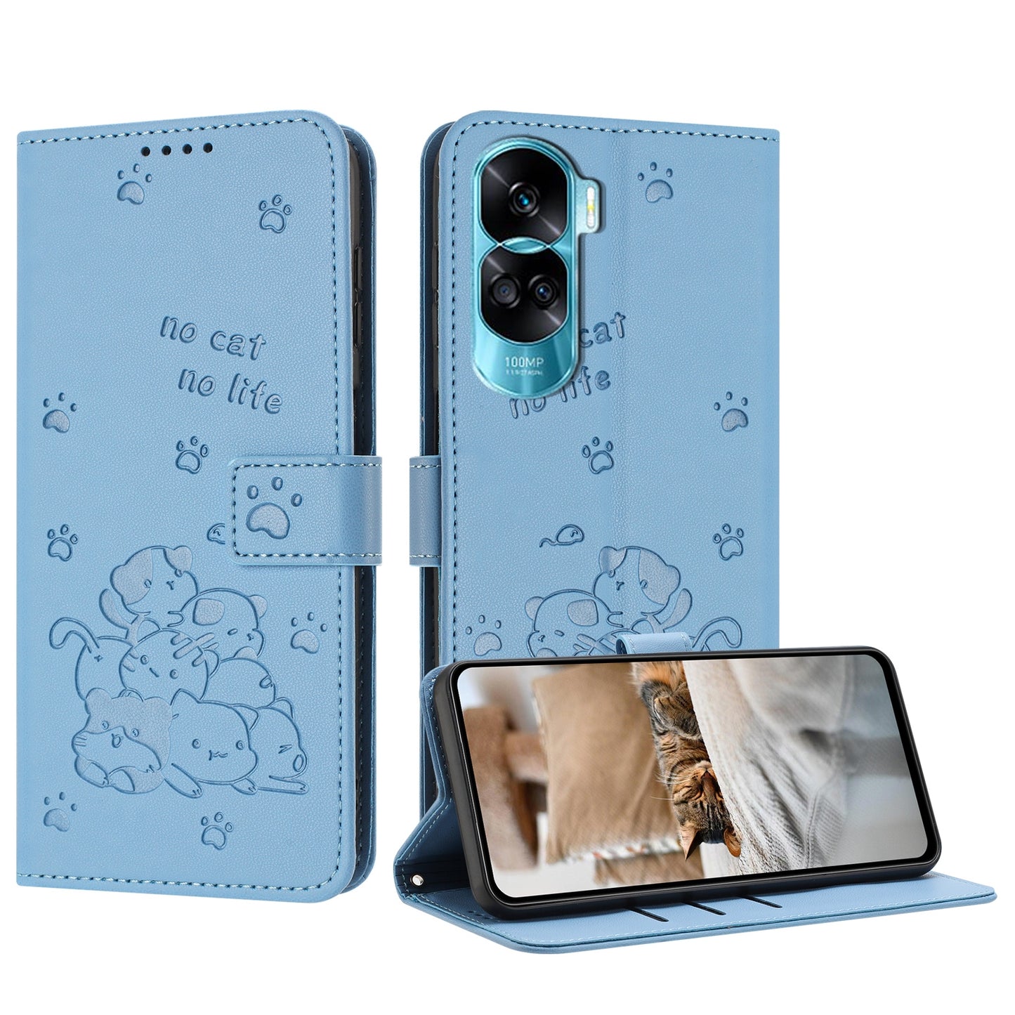 Honor 90 Lite Embossed Kitten PU Leather Wallet Case with Card Slots, Cash Pocket, Kickstand Function, Wrist Lanyard Strap, Full Protective TPU Flip Cover