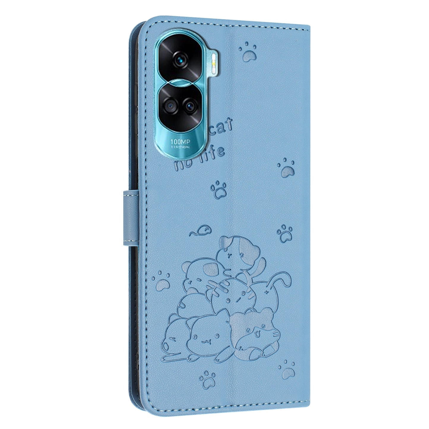 Honor 90 Lite Embossed Kitten PU Leather Wallet Case with Card Slots, Cash Pocket, Kickstand Function, Wrist Lanyard Strap, Full Protective TPU Flip Cover