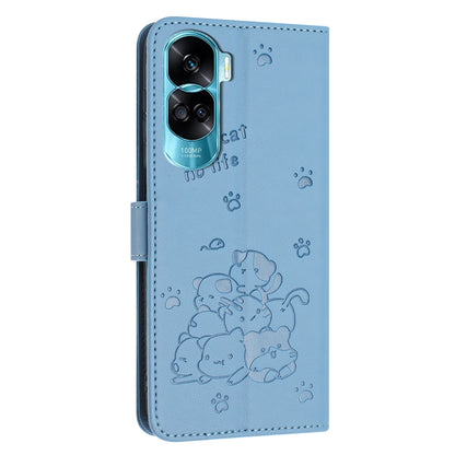 Honor 90 Lite Embossed Kitten PU Leather Wallet Case with Card Slots, Cash Pocket, Kickstand Function, Wrist Lanyard Strap, Full Protective TPU Flip Cover