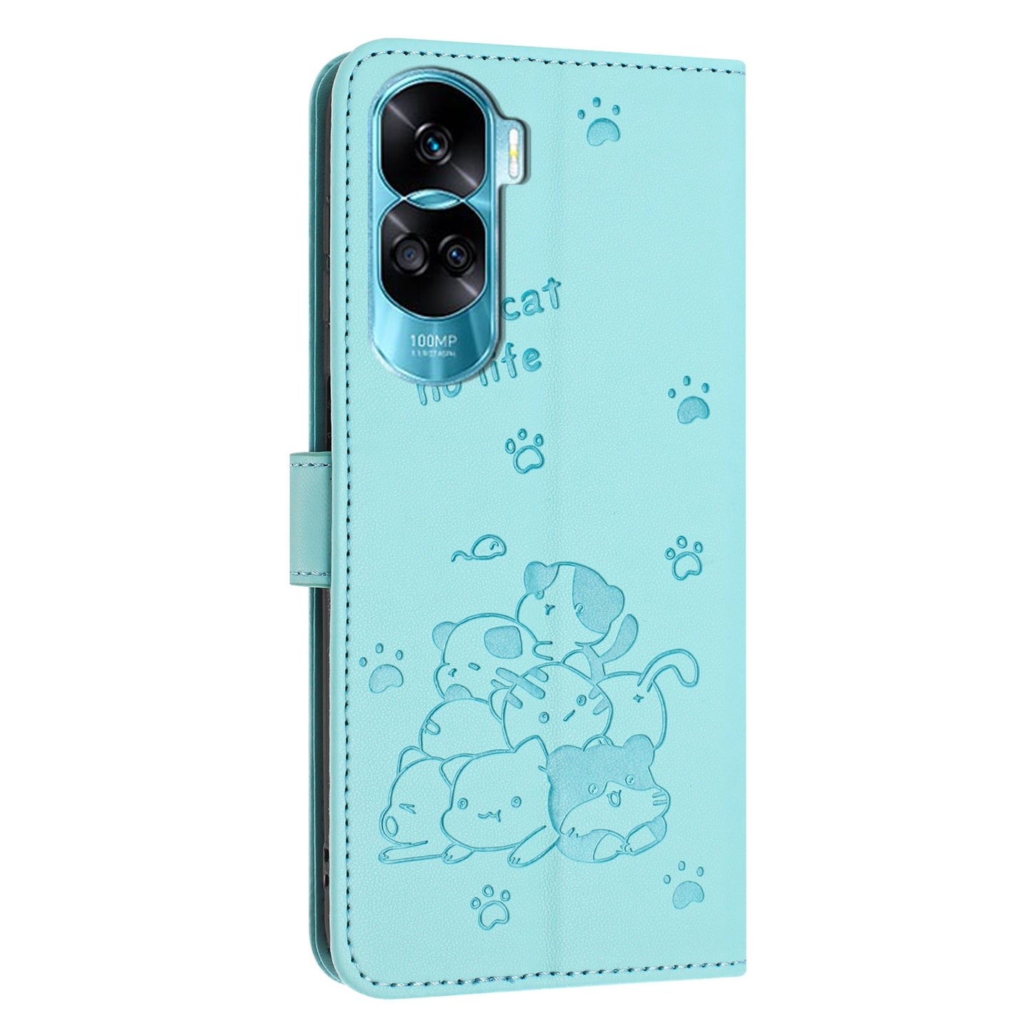 Honor X50i 5G Embossed Kitten PU Leather Wallet Case with Card Slots, Cash Pocket, Kickstand Function, Wrist Lanyard Strap, Full Protective TPU Flip Cover