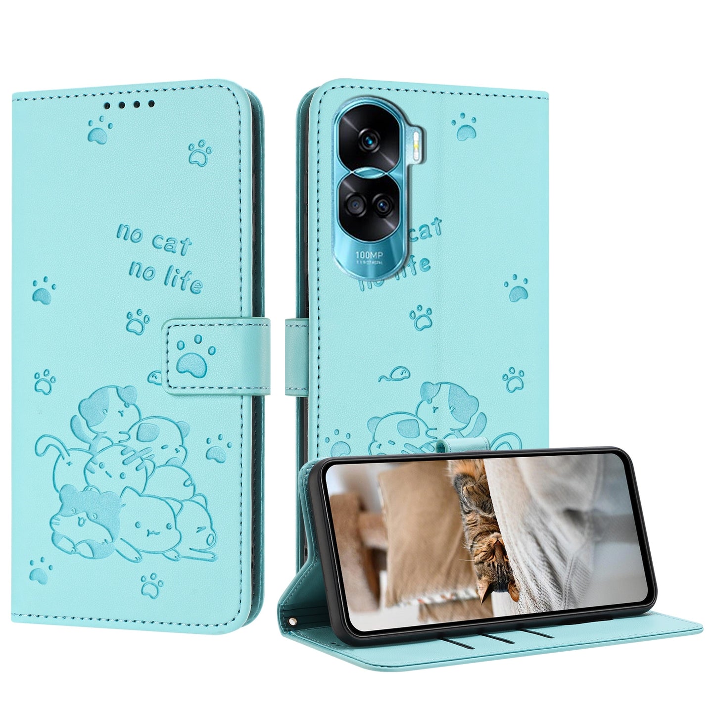 Honor X50i 5G Embossed Kitten PU Leather Wallet Case with Card Slots, Cash Pocket, Kickstand Function, Wrist Lanyard Strap, Full Protective TPU Flip Cover