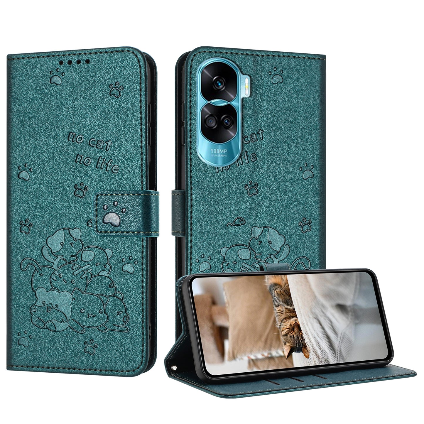 Honor 90 Lite Embossed Kitten PU Leather Wallet Case with Card Slots, Cash Pocket, Kickstand Function, Wrist Lanyard Strap, Full Protective TPU Flip Cover