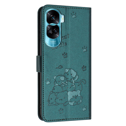 Honor X50i 5G Embossed Kitten PU Leather Wallet Case with Card Slots, Cash Pocket, Kickstand Function, Wrist Lanyard Strap, Full Protective TPU Flip Cover