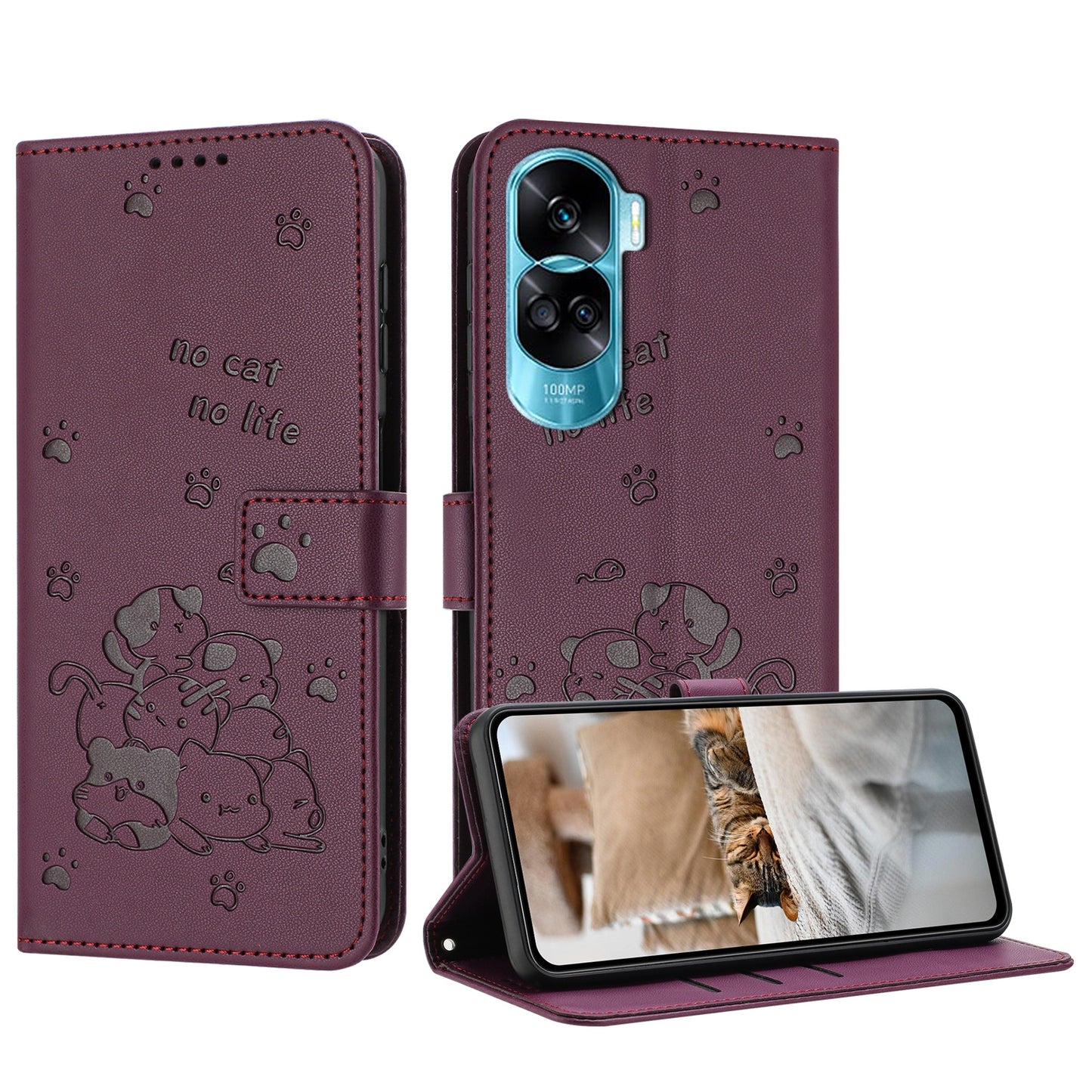 Honor 90 Lite Embossed Kitten PU Leather Wallet Case with Card Slots, Cash Pocket, Kickstand Function, Wrist Lanyard Strap, Full Protective TPU Flip Cover