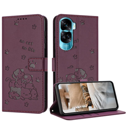Honor 90 Lite Embossed Kitten PU Leather Wallet Case with Card Slots, Cash Pocket, Kickstand Function, Wrist Lanyard Strap, Full Protective TPU Flip Cover