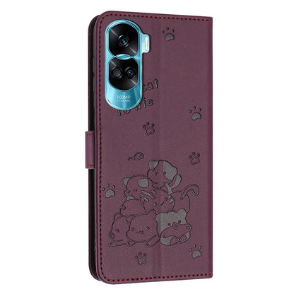 Honor 90 Lite Embossed Kitten PU Leather Wallet Case with Card Slots, Cash Pocket, Kickstand Function, Wrist Lanyard Strap, Full Protective TPU Flip Cover