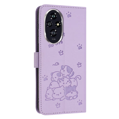 Honor 200 5G Embossed Kitten PU Leather Wallet Case with Card Slots, Cash Pocket, Kickstand Function, Wrist Lanyard Strap, Full Protective TPU Flip Cover
