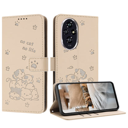 Honor 200 5G Embossed Kitten PU Leather Wallet Case with Card Slots, Cash Pocket, Kickstand Function, Wrist Lanyard Strap, Full Protective TPU Flip Cover