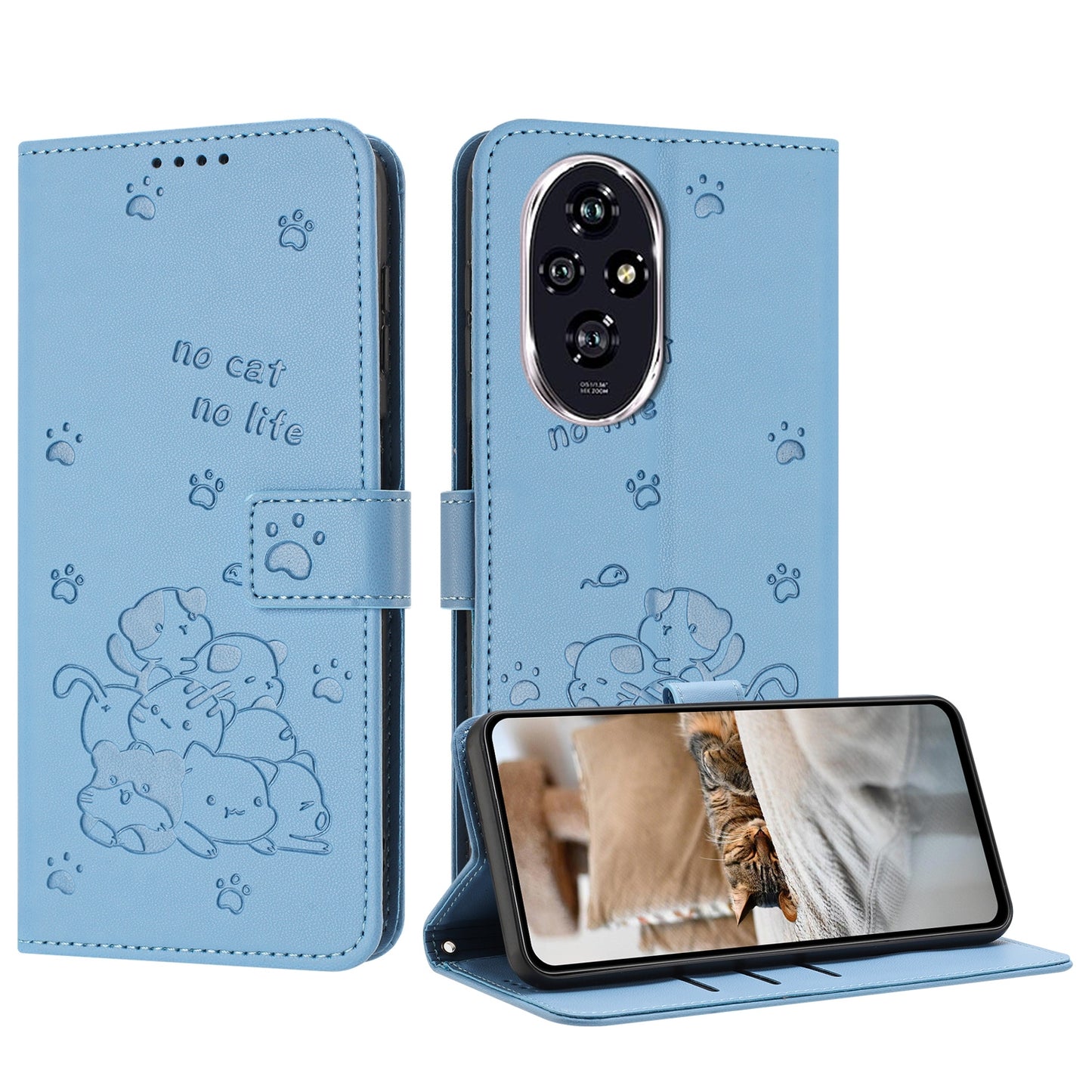 Honor 200 5G Embossed Kitten PU Leather Wallet Case with Card Slots, Cash Pocket, Kickstand Function, Wrist Lanyard Strap, Full Protective TPU Flip Cover