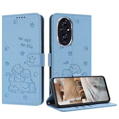 Honor 200 5G Embossed Kitten PU Leather Wallet Case with Card Slots, Cash Pocket, Kickstand Function, Wrist Lanyard Strap, Full Protective TPU Flip Cover
