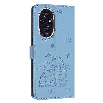 Honor 200 5G Embossed Kitten PU Leather Wallet Case with Card Slots, Cash Pocket, Kickstand Function, Wrist Lanyard Strap, Full Protective TPU Flip Cover