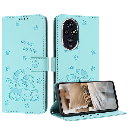Honor 200 5G Embossed Kitten PU Leather Wallet Case with Card Slots, Cash Pocket, Kickstand Function, Wrist Lanyard Strap, Full Protective TPU Flip Cover
