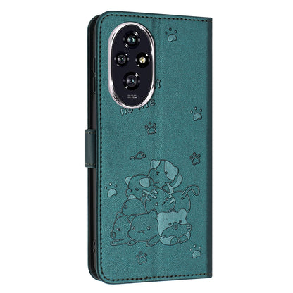 Honor 200 5G Embossed Kitten PU Leather Wallet Case with Card Slots, Cash Pocket, Kickstand Function, Wrist Lanyard Strap, Full Protective TPU Flip Cover