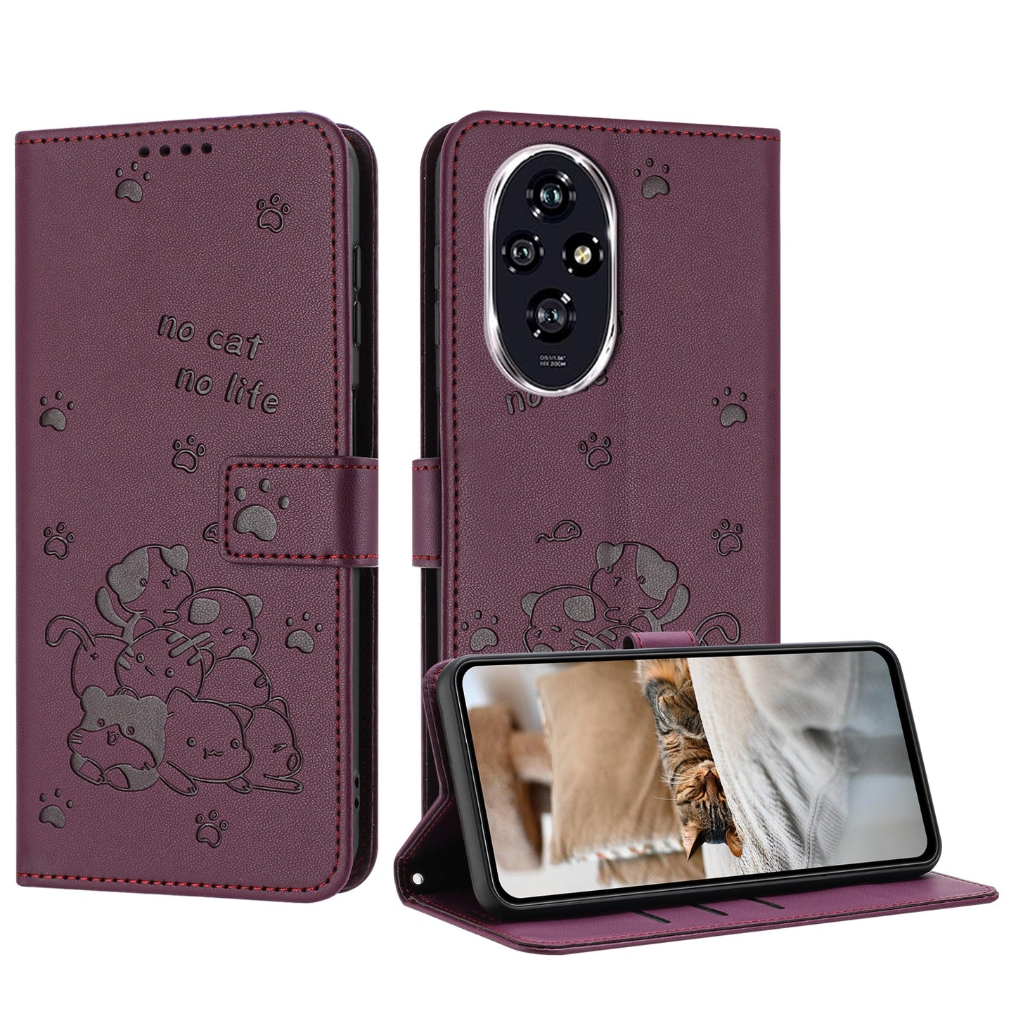 Honor 200 5G Embossed Kitten PU Leather Wallet Case with Card Slots, Cash Pocket, Kickstand Function, Wrist Lanyard Strap, Full Protective TPU Flip Cover