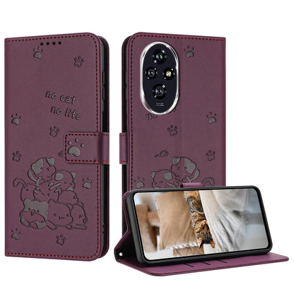 Honor 200 5G Embossed Kitten PU Leather Wallet Case with Card Slots, Cash Pocket, Kickstand Function, Wrist Lanyard Strap, Full Protective TPU Flip Cover