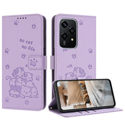 Honor 200 Lite 5G Embossed Kitten PU Leather Wallet Case with Card Slots, Cash Pocket, Kickstand Function, Wrist Lanyard Strap, Full Protective TPU Flip Cover