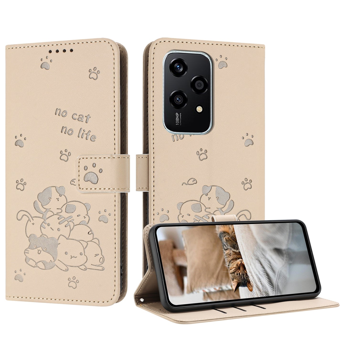 Honor 200 Lite 5G Embossed Kitten PU Leather Wallet Case with Card Slots, Cash Pocket, Kickstand Function, Wrist Lanyard Strap, Full Protective TPU Flip Cover