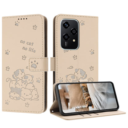 Honor 200 Lite 5G Embossed Kitten PU Leather Wallet Case with Card Slots, Cash Pocket, Kickstand Function, Wrist Lanyard Strap, Full Protective TPU Flip Cover