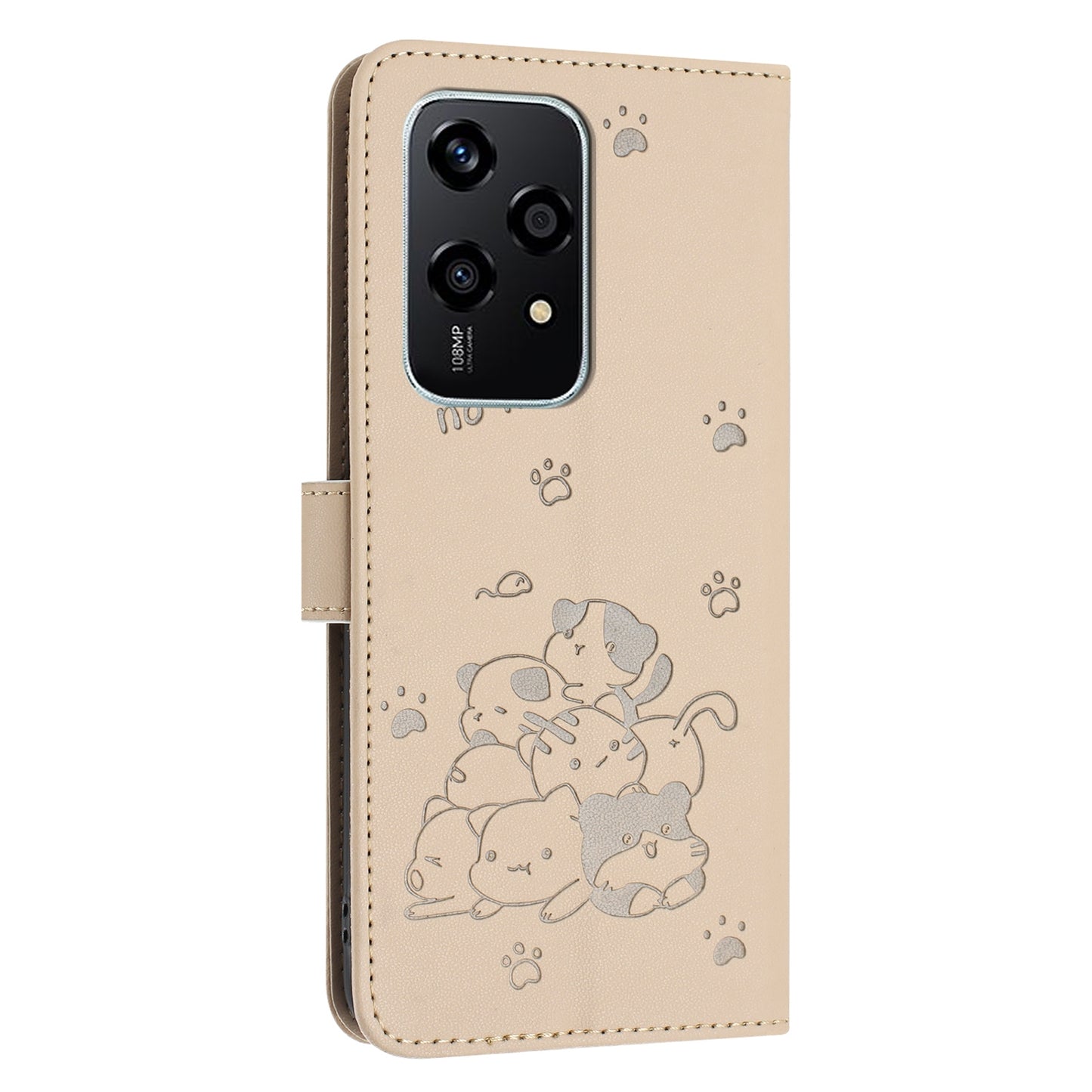 Honor 200 Lite 5G Embossed Kitten PU Leather Wallet Case with Card Slots, Cash Pocket, Kickstand Function, Wrist Lanyard Strap, Full Protective TPU Flip Cover
