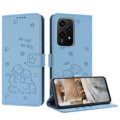 Honor 200 Lite 5G Embossed Kitten PU Leather Wallet Case with Card Slots, Cash Pocket, Kickstand Function, Wrist Lanyard Strap, Full Protective TPU Flip Cover