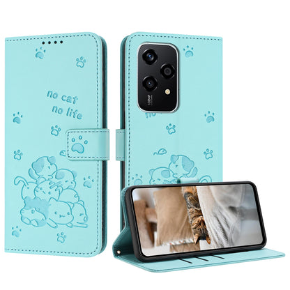 Honor 200 Lite 5G Embossed Kitten PU Leather Wallet Case with Card Slots, Cash Pocket, Kickstand Function, Wrist Lanyard Strap, Full Protective TPU Flip Cover