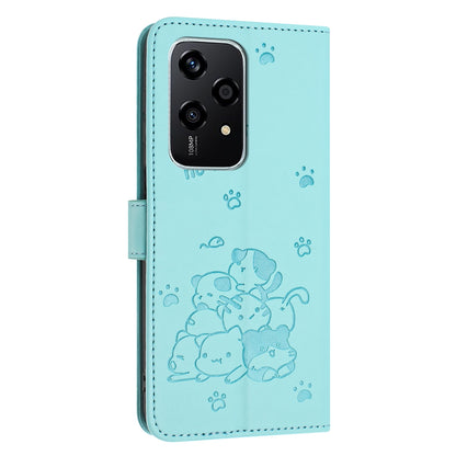 Honor 200 Lite 5G Embossed Kitten PU Leather Wallet Case with Card Slots, Cash Pocket, Kickstand Function, Wrist Lanyard Strap, Full Protective TPU Flip Cover
