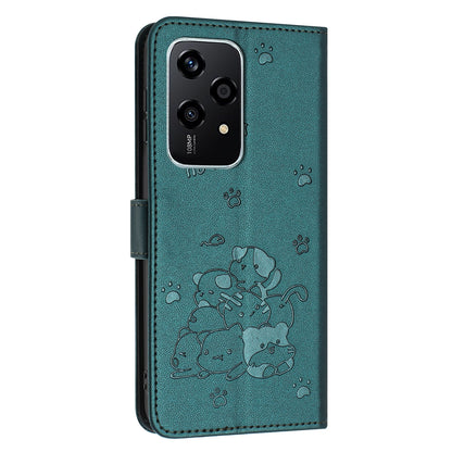 Honor 200 Lite 5G Embossed Kitten PU Leather Wallet Case with Card Slots, Cash Pocket, Kickstand Function, Wrist Lanyard Strap, Full Protective TPU Flip Cover