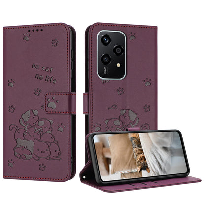 Honor 200 Lite 5G Embossed Kitten PU Leather Wallet Case with Card Slots, Cash Pocket, Kickstand Function, Wrist Lanyard Strap, Full Protective TPU Flip Cover