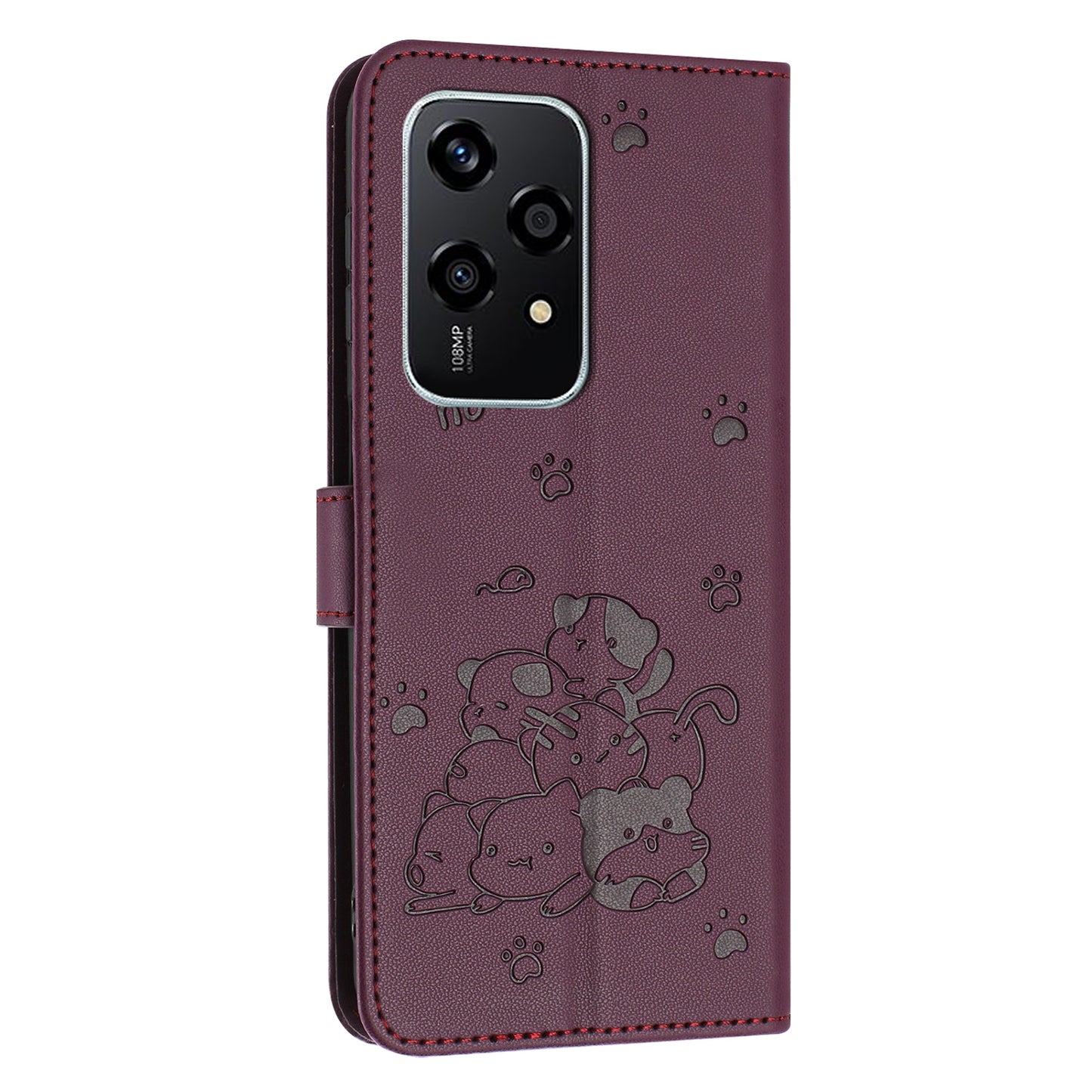 Honor 200 Lite 5G Embossed Kitten PU Leather Wallet Case with Card Slots, Cash Pocket, Kickstand Function, Wrist Lanyard Strap, Full Protective TPU Flip Cover