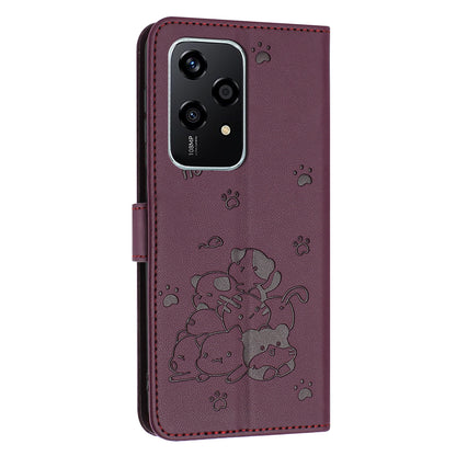 Honor 200 Lite 5G Embossed Kitten PU Leather Wallet Case with Card Slots, Cash Pocket, Kickstand Function, Wrist Lanyard Strap, Full Protective TPU Flip Cover